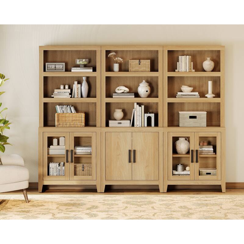 WAMPAT 74" Tall Bookshelf with Glass Doors, Farmhouse Bookcase with Open Shelves