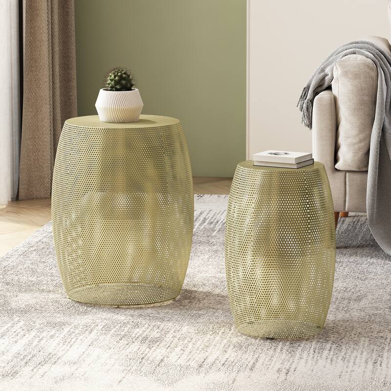 Christopher Knight Home Round Metal Hollow 2 PCS Side Table Set - 16.5" L x 16.5" W x 20.75" H - Gold