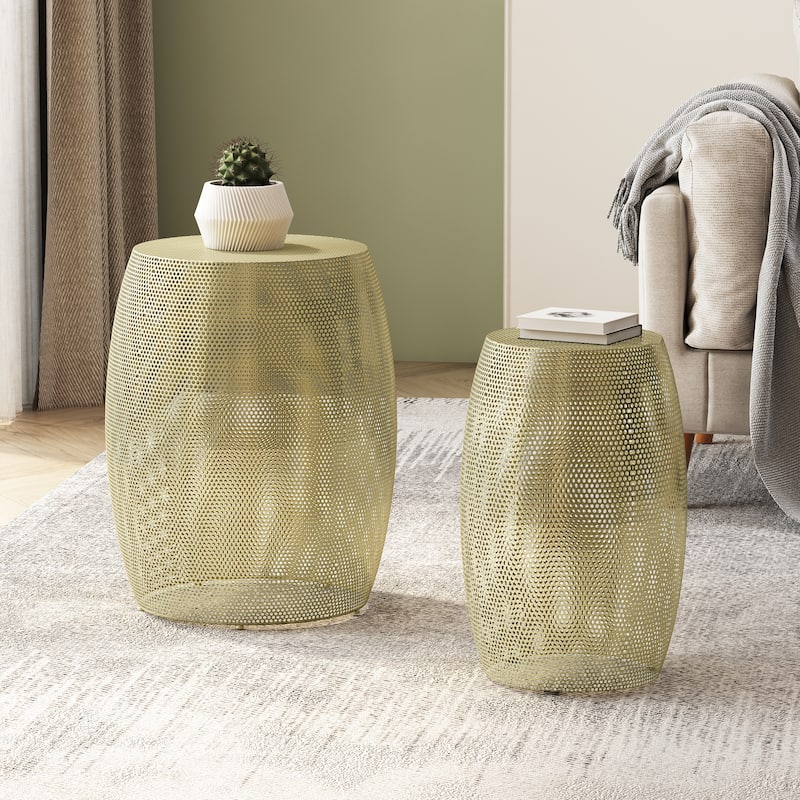 Round Metal Hollow Side Table Sets of 2 Different Sizes Drum End Tables, Compact Small Accent Table with Durable Iron Frame