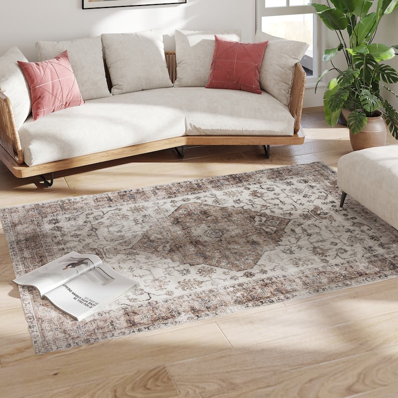HOMCOM 4x6 Area Rug, Vintage Machine Washable Rug, Non-Slip Floor Carpet for Living Room, Bedroom, Dining Room, Home Office