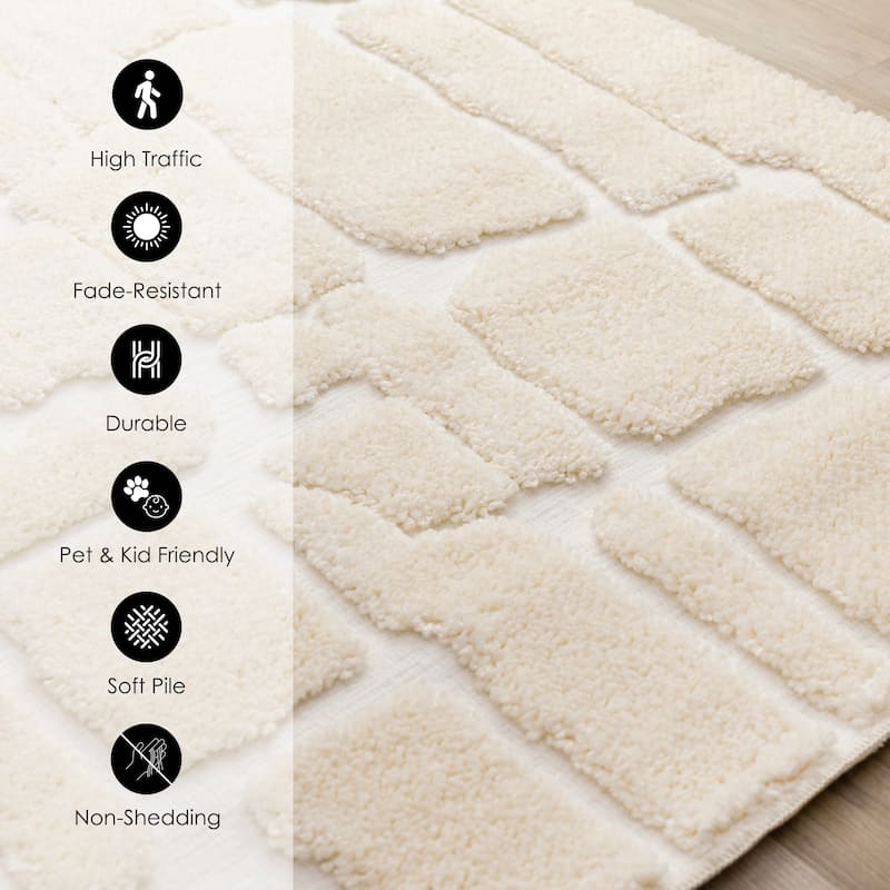 Cream White Stones Super-Soft High-Low Textured Rug