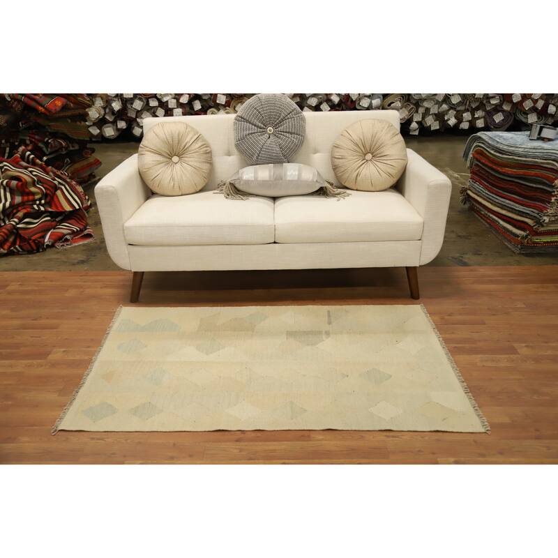 Hand Woven Oriental 100% Wool Carpet Southwestern Modern Beige & Ivories Kilim Area Rug - 4' 9'' X 2' 11''