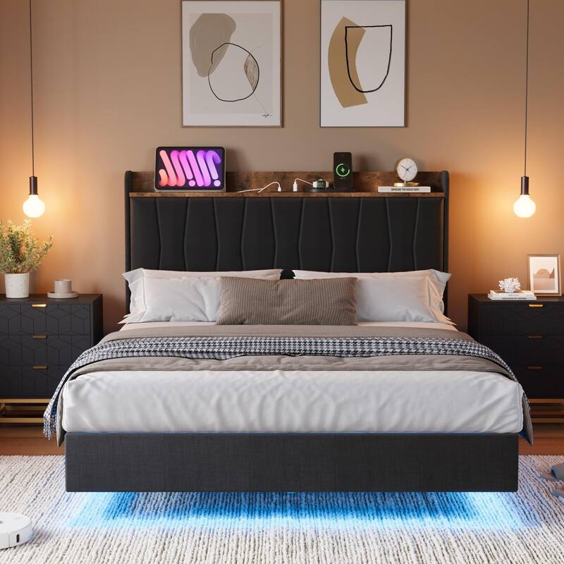 Floating Bed Frame, with LED Lights & USB Charging Station, Headboard - Black - Full