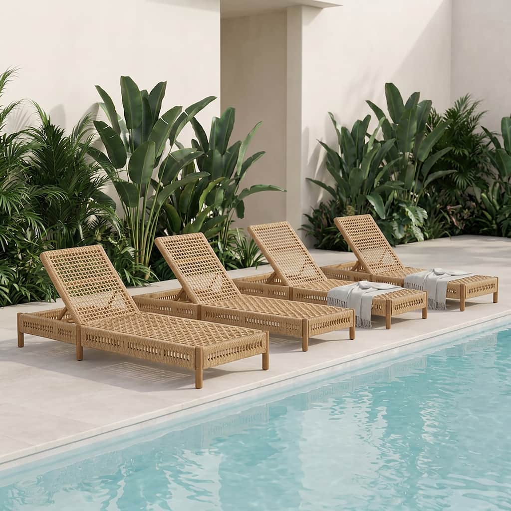 Christopher Knight Home - Mercer Outdoor Acacia Wood Wicker Chaise Lounge with Adjustable Reclining Backrest, Set of 4