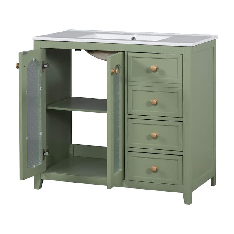 GDFStudio - Terra Wood & Ceramic 36" Bathroom Vanity with Sink, 2 Soft-Close Doors, Shelves & 3 Drawers