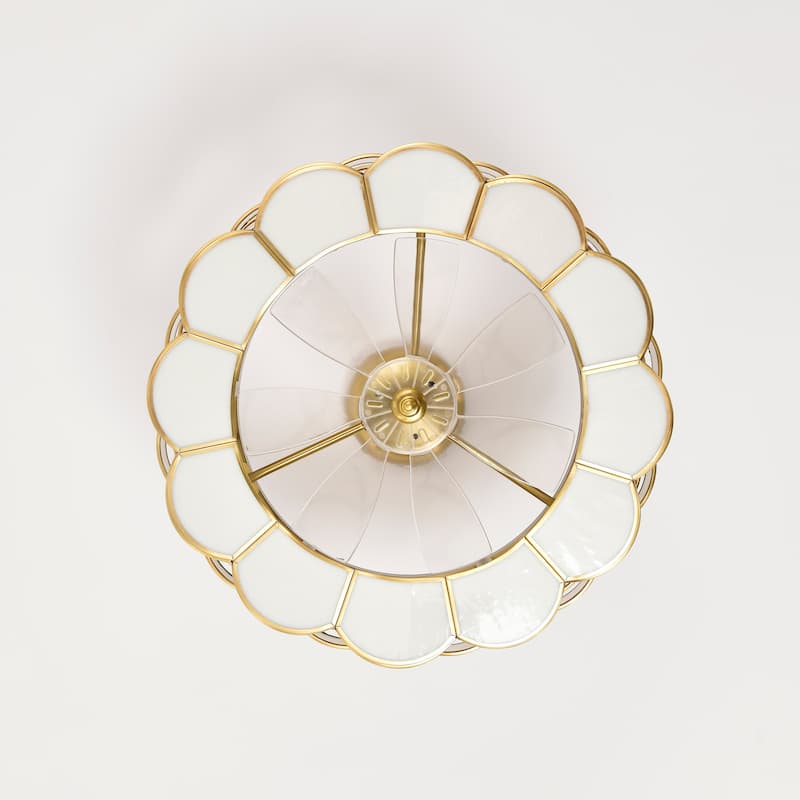 Lighted Ceiling Fan 6-Light Fandelier Brass Trim Opaque Glass Ribbon Weave Shade Remote Control