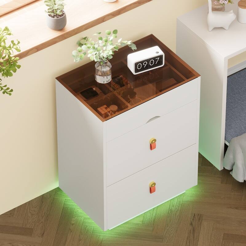 3-Drawer 30'' Nightstand with LED Light, Bedside Table with Glass Top