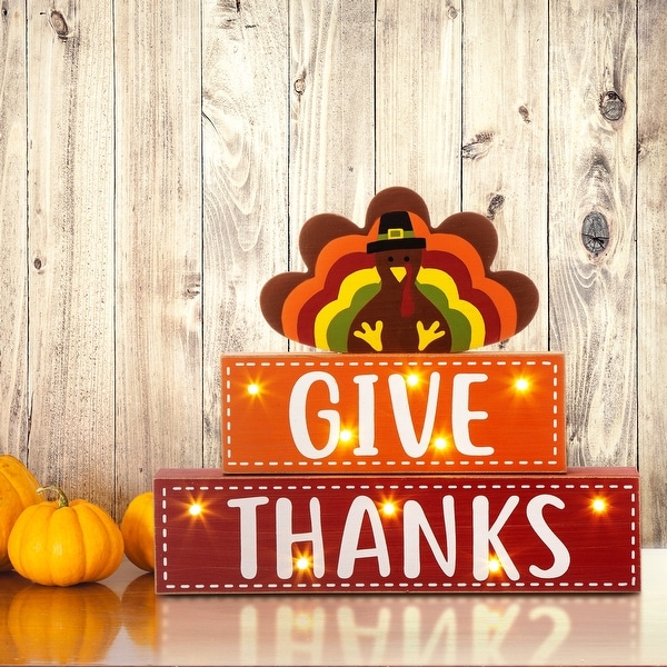 Shop Glitzhome Thanksgiving Wooden Lighted Turkey Words Block Table ...