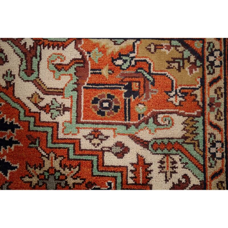 Orange Geometric Heriz Serapi Indian Area Rug Hand-Knotted Wool Carpet - 8'0"x 10'1"