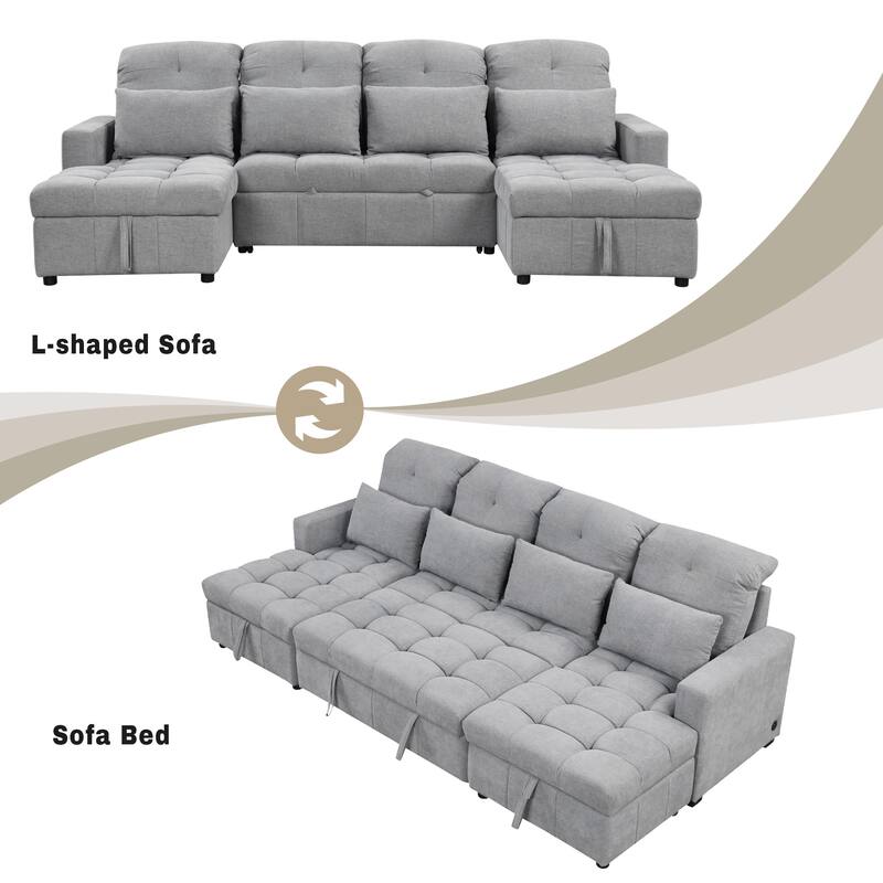 U-shaped Sofa Pull-out Sofa Bed, Modular Sectional Sofa with 2 Storage Chaise Lounges and 2 USB Ports for Living Room