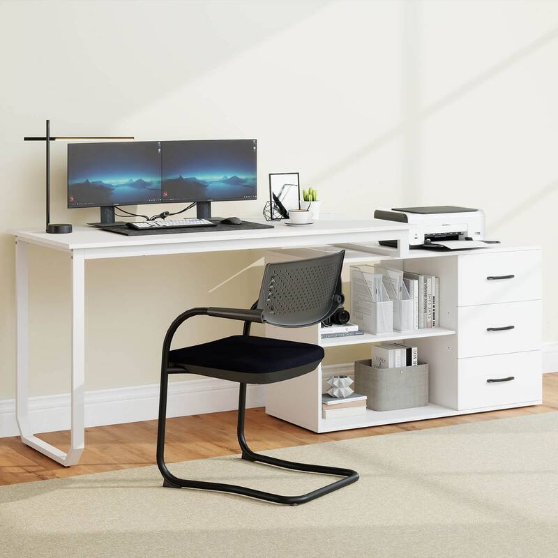 Costway L-Shaped Desk with Power Outlet 55" Reversible Computer Desk