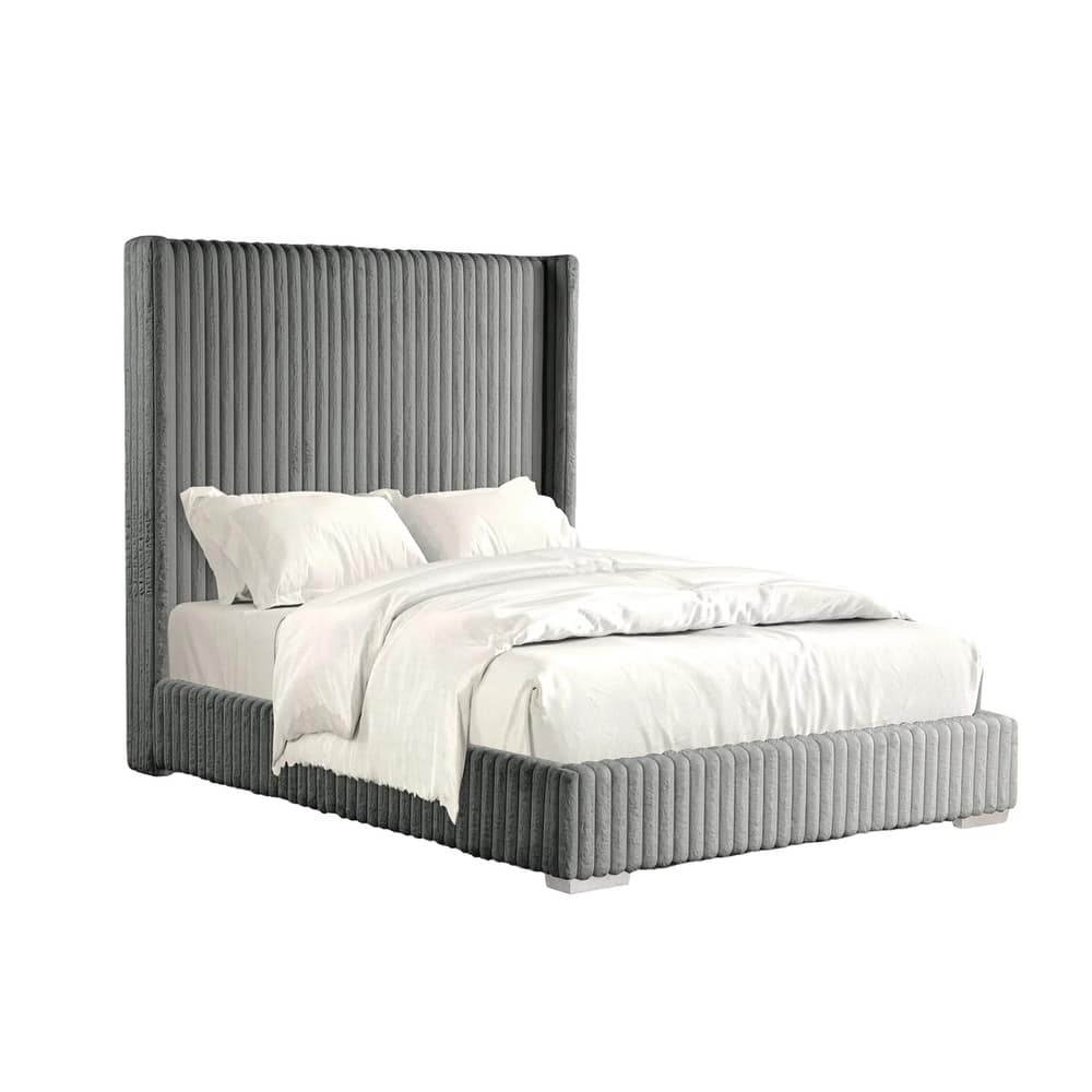 Chenille Fabric Upholstered Twin Bed with Wingback Headboard