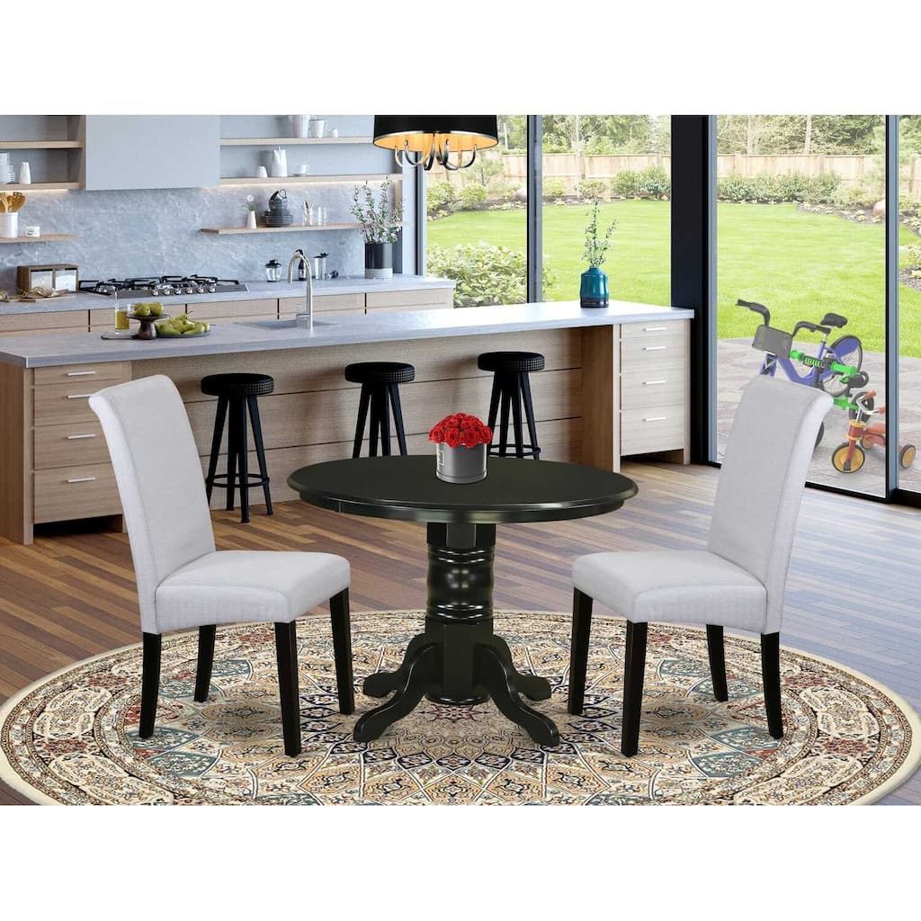 Small Round Kitchen Dining Set - 3Pc Table & Chairs - Linen Grayish Blue Fabric - Modern Baroque Design
