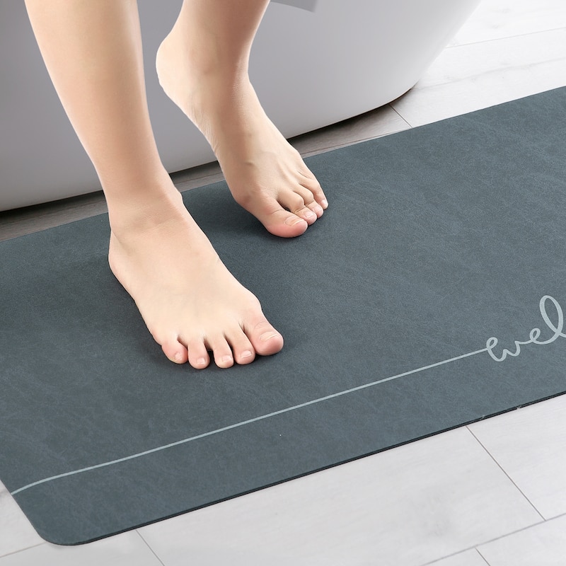 Absorbent Bath Mat Rug, Quick Drying Mat Bath Mat Non-Slip Floor Rug Rubber Backed for Bathroom Kitchen Shower Sink - Navy Blue Welcome - 18" x 28"