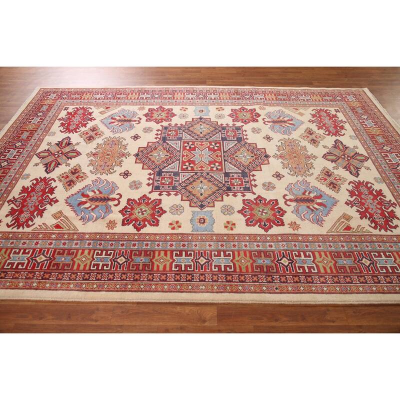 Ivory Geometric Kazak Area Rug Hand-Knotted Wool Carpet - 6'9" x 9'10"