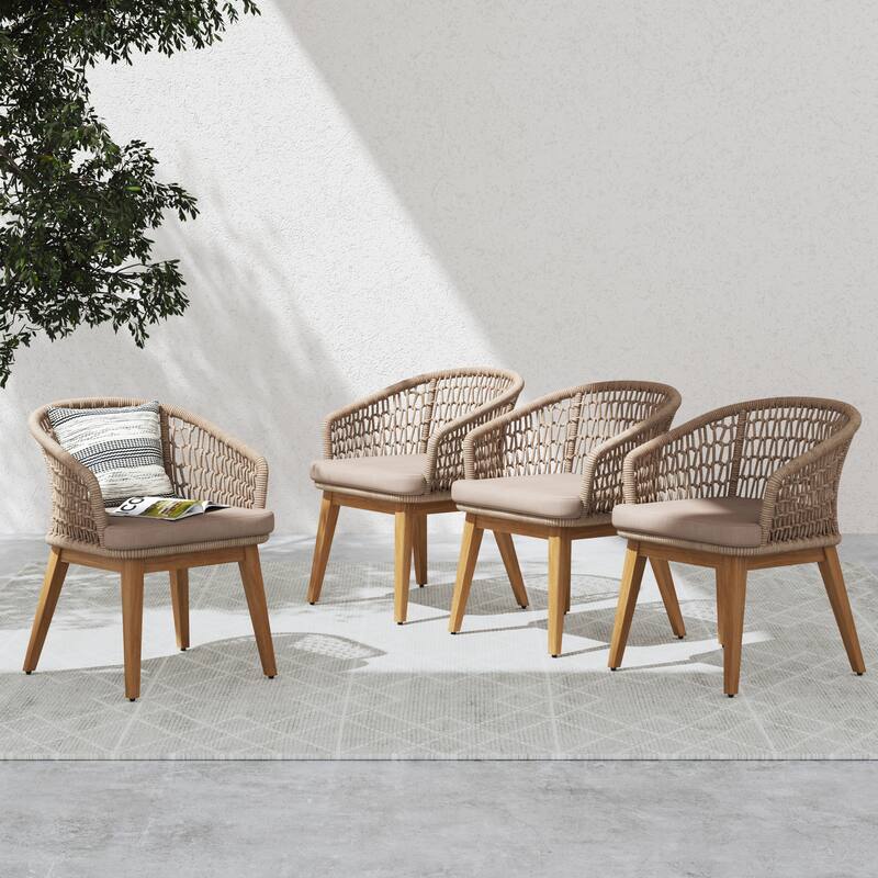 Outdoor Woven Rope Armchairs with Cushions, Set of 4