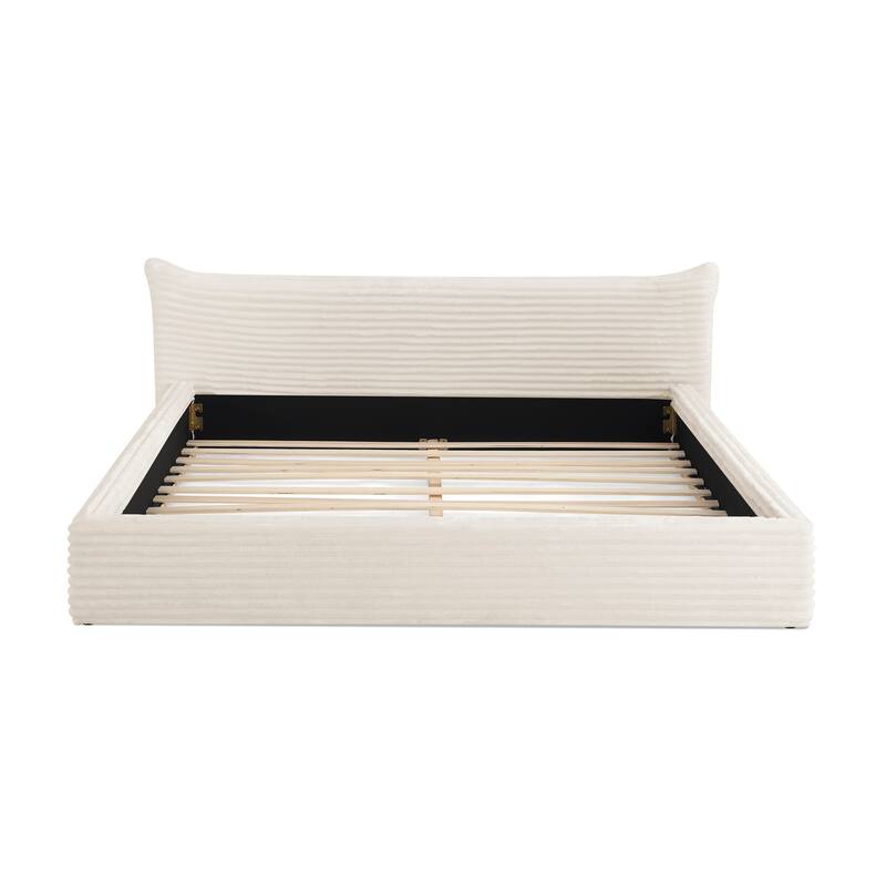 Queen Size Upholstered Bed Frame Velvet Fabric Grounded Platform with Curved Headboard Solid Wood No Box Spring
