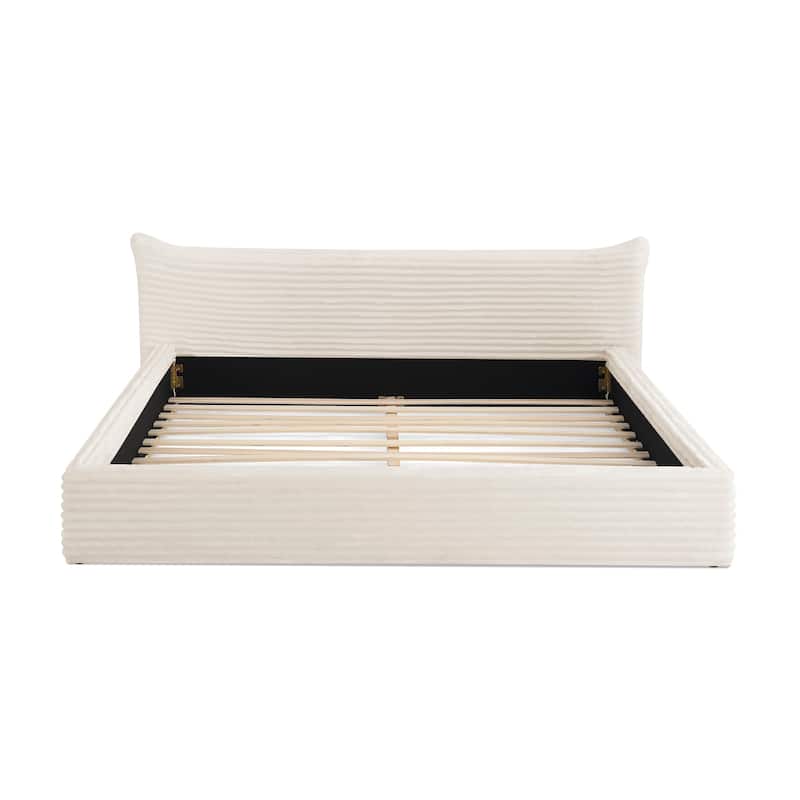 Queen Size Velvet Upholstered Bed Frame - Solid Wood Platform Base With Decorative Curved Headboard, No Box Spring Needed