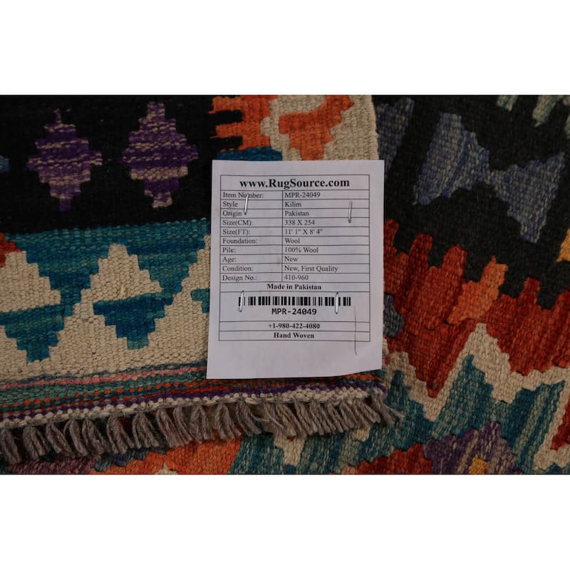 Geometric Kilim Area Rug Hand-Woven Oriental Wool Carpet - 8'4"x 11'1"