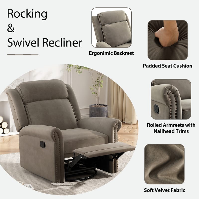 Home Theater Swivel Recliner Chair, Manual Rocking Nursery Rocker w/Adjustable Backrest Rolled Arms Lounge Chair with Rivet Trim