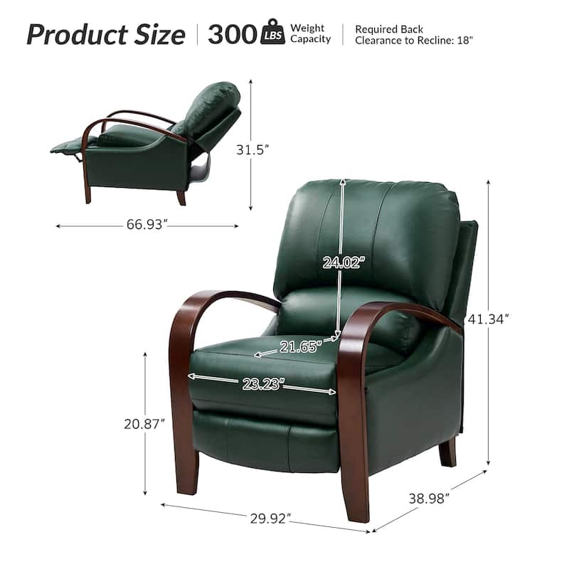 Alex Mid-century Modern Cigar Genuine Leather Manual Recliner with Wooden Curved Arms