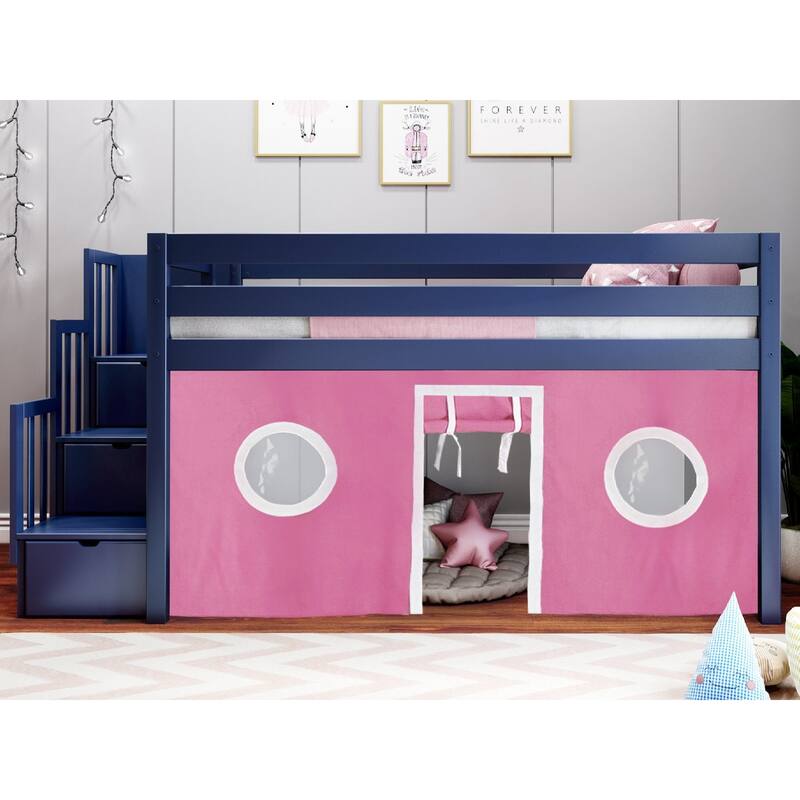 JACKPOT Contemporary Low Loft Twin Bed with 3 Step Stairway and Tent