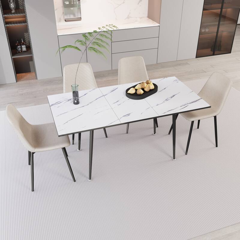 Scalable modern dining table and chair set, for 2-6 people, 4-piece set, medieval dining table set, metal base and linen chair