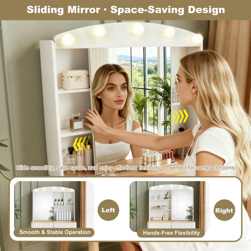 Small Vanity Desk with Mirror and Lights, Big-capacity Storage and Sliding Mirror, Vanity Set with Two Fluted Drawers