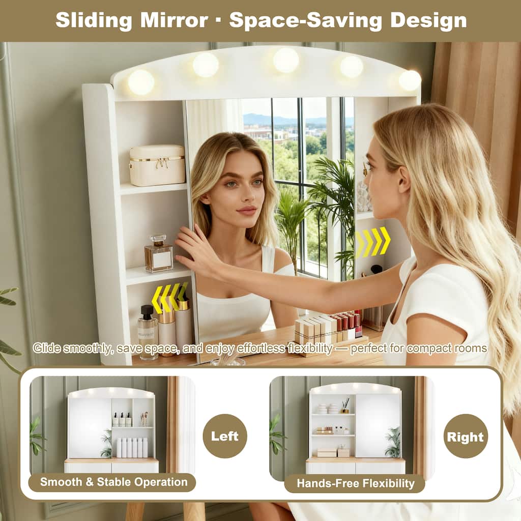 Vanity Desk with Sliding Mirror & Lights, 3 Color Mode, Vanity Set with 2 Fluted Drawers, Three Level Storage Dresser Table