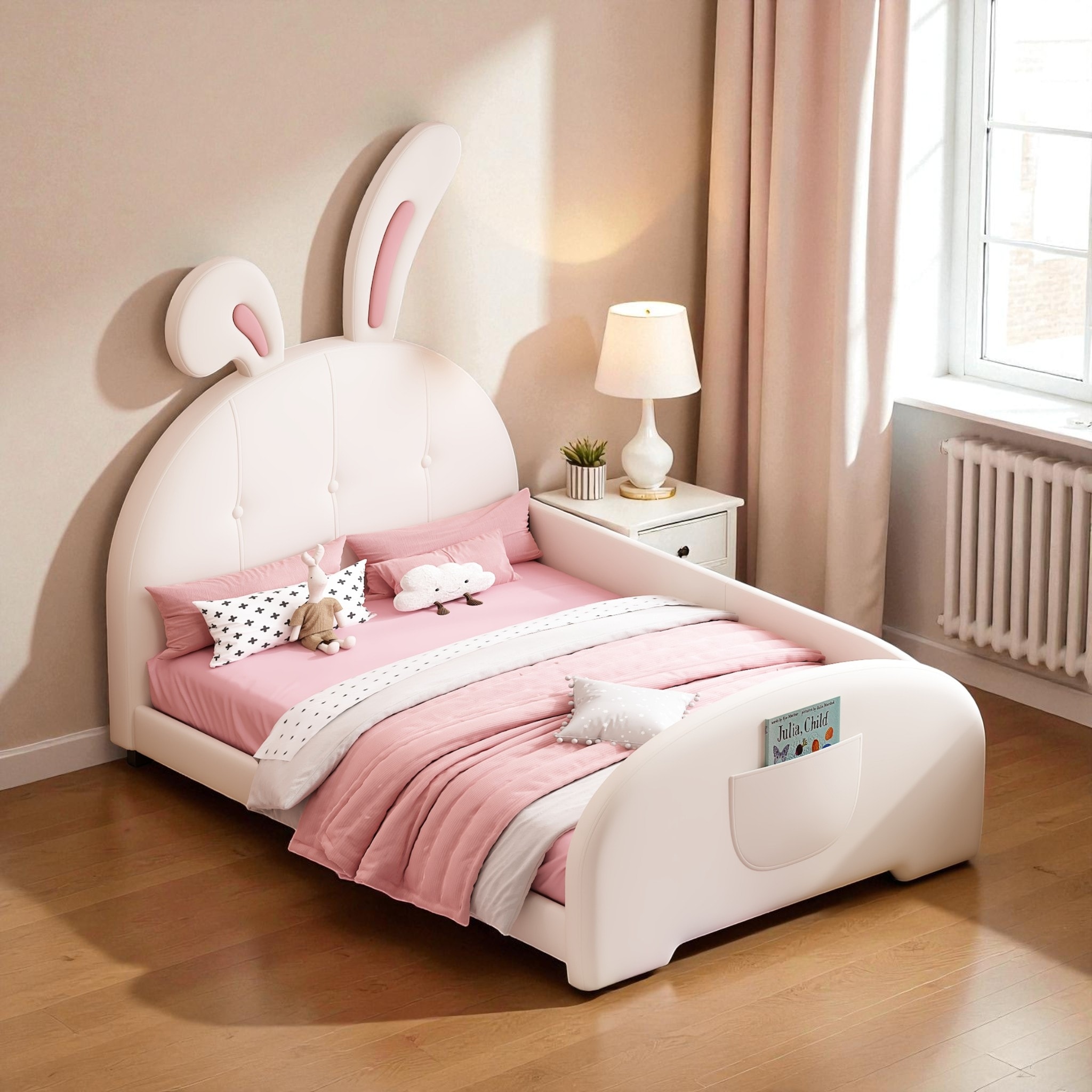 Twin Size Upholstered Rabbit-Shape Princess Bed, Cute Kids PU Platform Bed with Headboard and Footboard, No Box Spring Needed