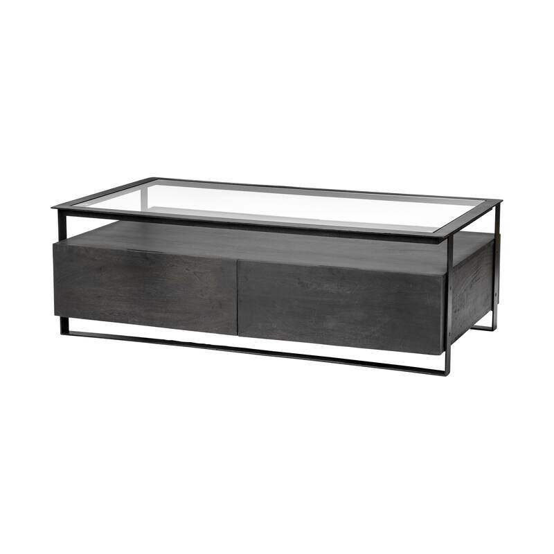 HomeRoots30" Clear And Black Glass Rectangular Coffee Table With Four Drawers And Shelf - 30