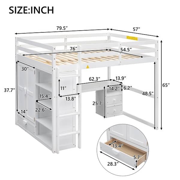 dimension image slide 1 of 2, Kid Friendly Full Size Loft Bed with Wardrobe, Desk, Shelves & Drawers
