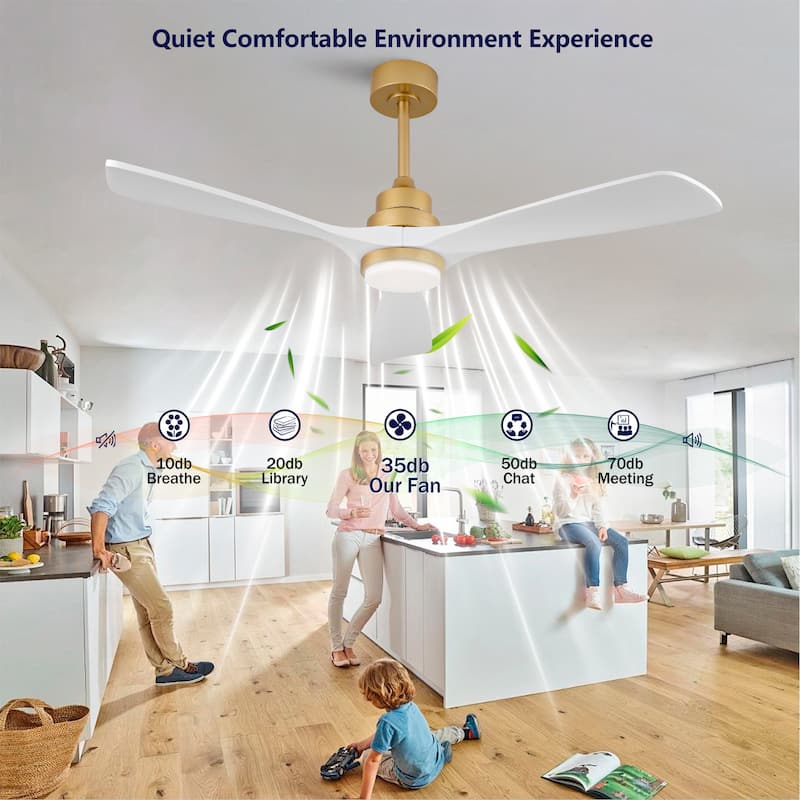 52 Inch Indoor Ceiling Fan With Dimmable LED Light 3 Solid Wood Blades Remote Control Reversible DC Motor - Gold+White
