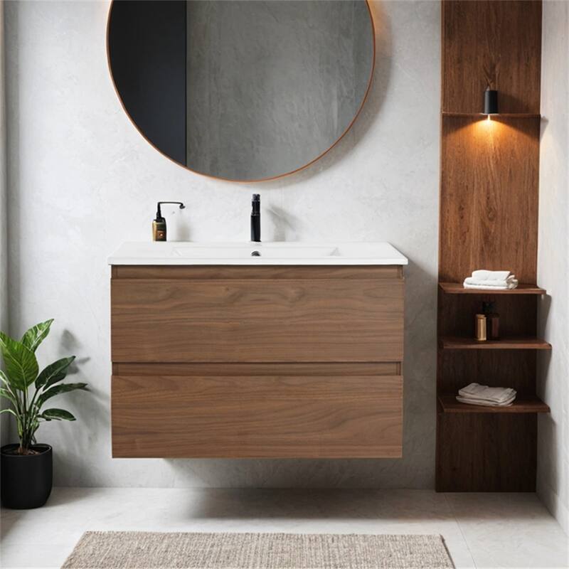 30" Wall-Mounted Bathroom Vanity w/Ceramic Sink,2-Soft Close Drawers