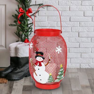 Exhart Christmas Snowman Lantern with LED Candle on a Battery Powered Timer, 14.5 Inch