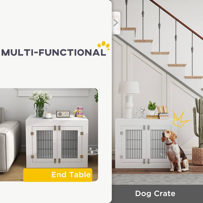 PawHut Dog Crate Furniture w/ 360° Rotatable Removable Dog Bowls, Dog Kennel Furniture w/ Two Doors, Non-slip Foot Pads