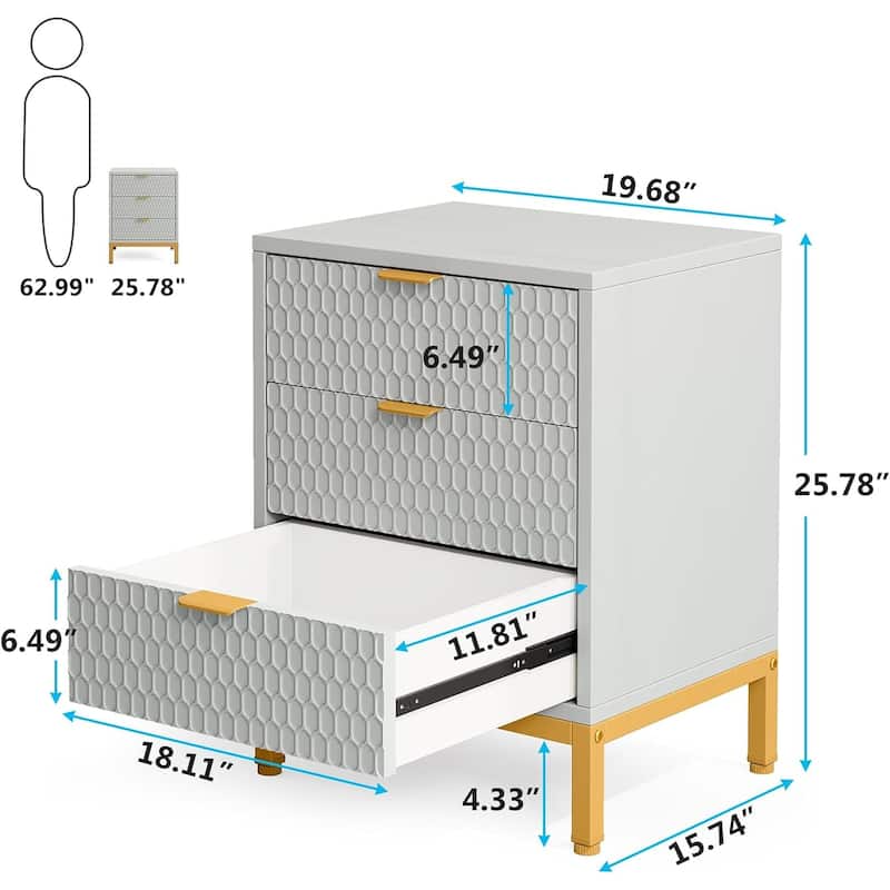3-Drawer Nightstand Modern Tall Bedside Table with Storage Drawers