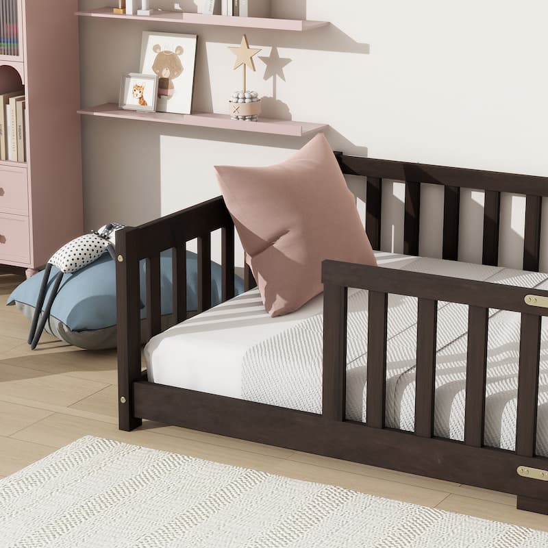 Twin Size Floor Bed with Fence without Door, Rubber Wood Floor Bed with Safety Guardrails