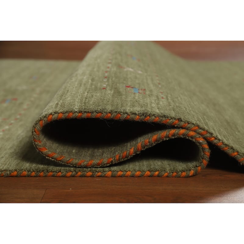 Green Tribal Gabbeh Indian Area Rug Hand-Knotted Wool Carpet - 5'0" x 7'8"