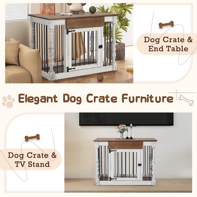 EROMMY 39" Wood Dog Crate Furniture – Waterproof Top, Roman Columns, Sturdy Iron Bar Kennel, Stylish End Table Indoor Dog Cage