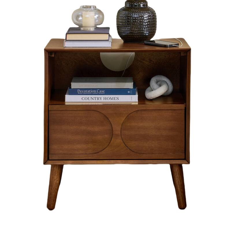Fluted Nightstand with USB Ports, Outlet Hole and Solid Wood Legs