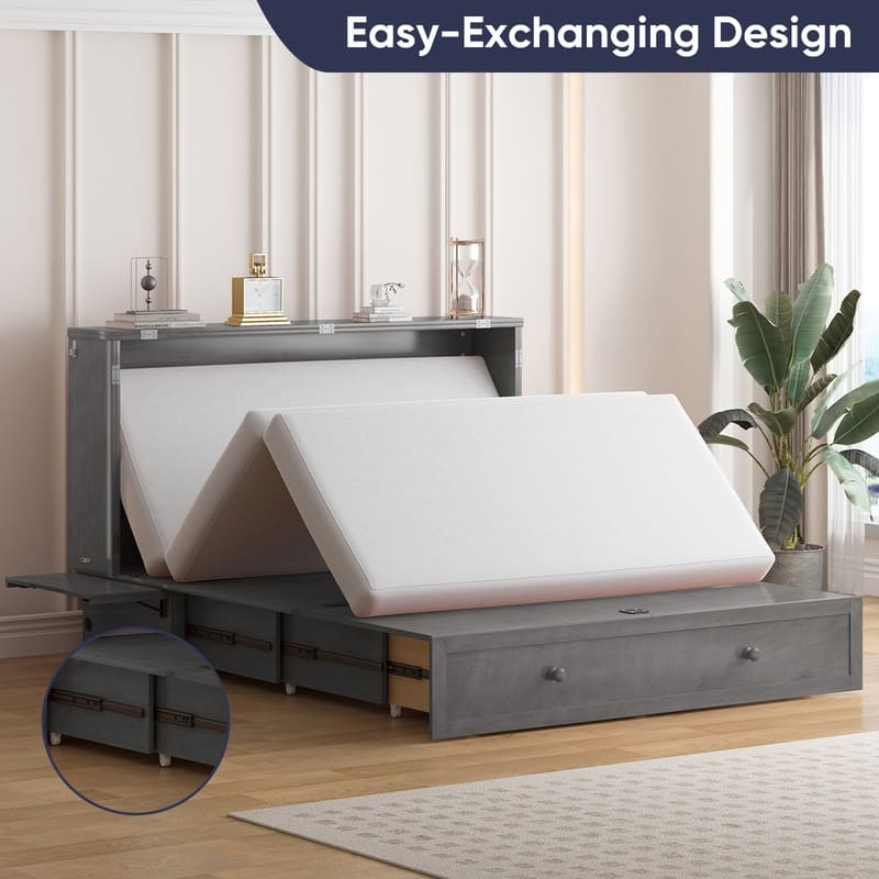 Mixoy Murphy Bed with Mattress,Modern Cube Foldable Cabinet Bed with Charging Station