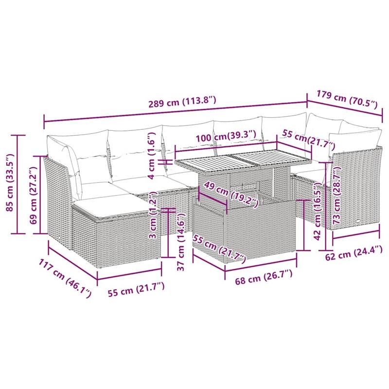 vidaXL Patio Sofa Set with Cushions Outdoor Lounge Set 8 Piece Poly Rattan - 21.7 x 24.4 x 27.2