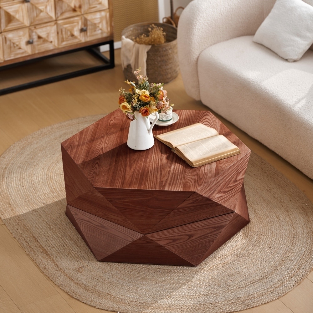 Solid Wood Veneered Drum Coffee Table with Storage