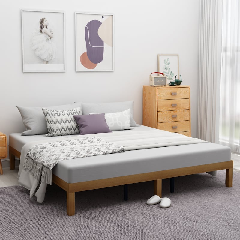Queen Size Wood Platform Bed Frame, No Box Spring Needed, Strong Slat Support