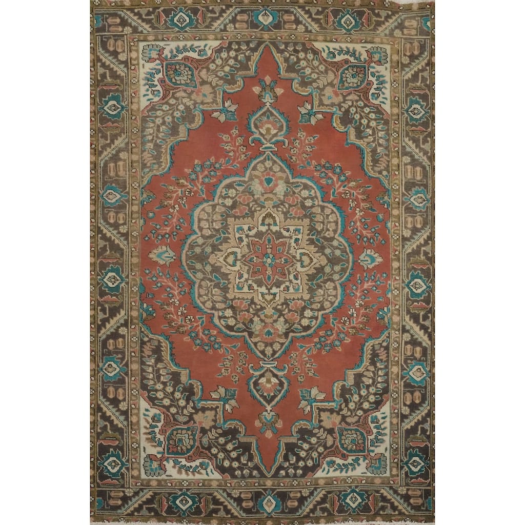 Hand Knotted Oriental 100% Wool Carpet Traditional Floral Oranges & Rust Tabriz Area Rug - 9' 2'' X 6' 2''