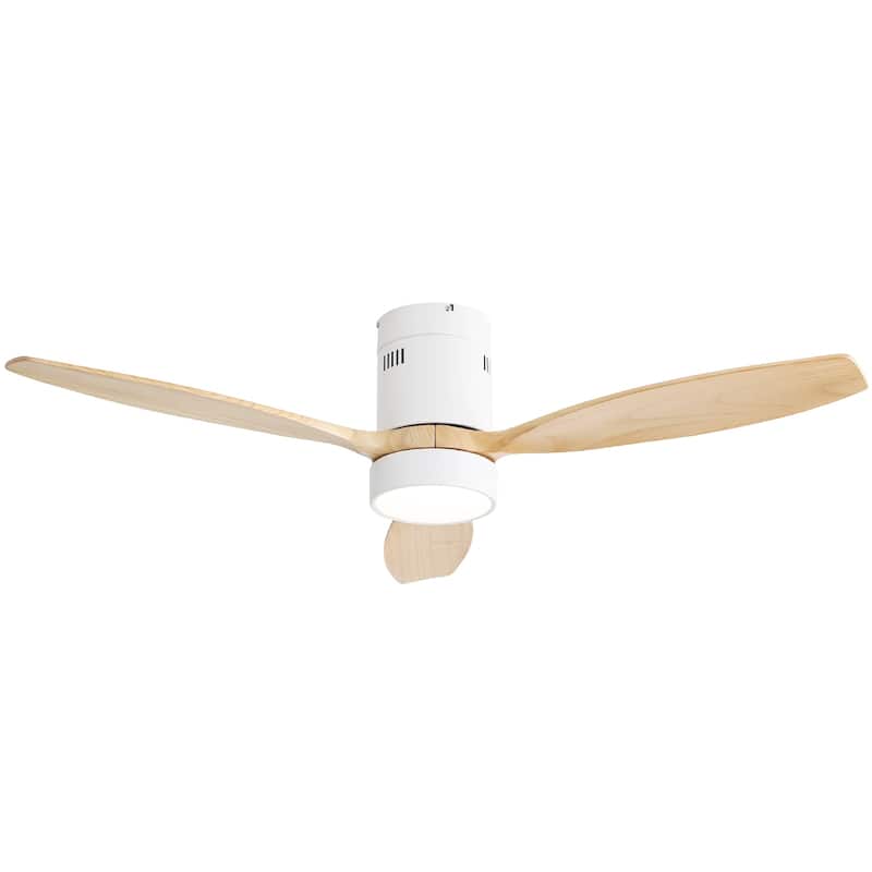 52 Inch Flush Mount Wood Blades White Ceiling Fan Reverse Airflow,6 Wind Speed,Remote Control - White with Burlywood Blades - # 52K077 