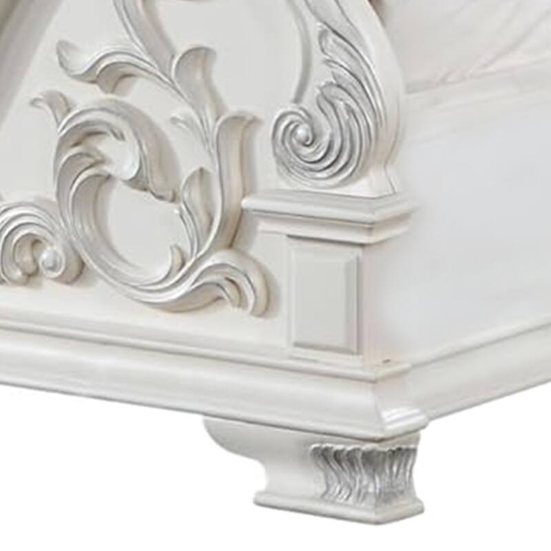 Prio King Bed with Carved Details, White Button Tufted Faux Leather