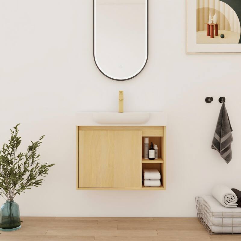 Bathroom Vanity With Sink In 24/28 Inch, Floating Bathroom Vanity With Soft Close Door - 27.2''W×14.8''D×22.8''H - Beige