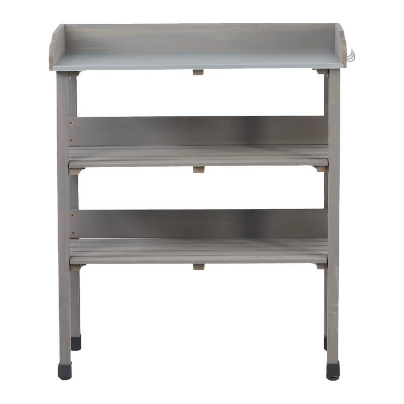 30"x14.5"x35.5" Potting Table w/Metal Tabletop, 3 Layers Outdoor Work Bench w/Hook, Solid Wood Workstation for Garage